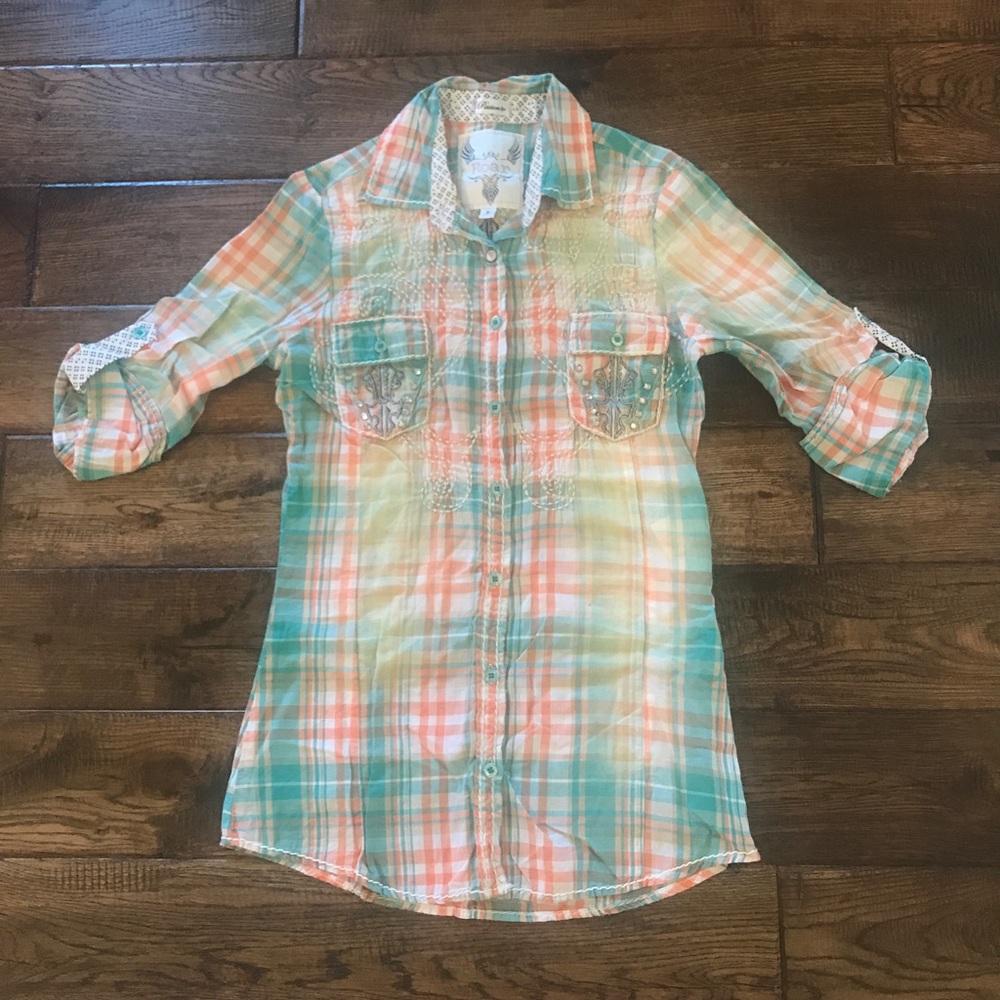 BUCKLE Roar Button Down Plaid Shirt 3/4 Sleeve (S)